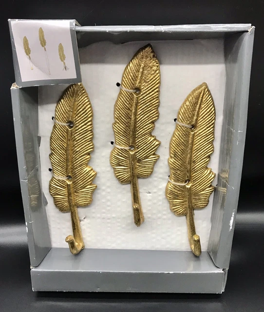 SET OF 3 Heavy Gold Metal Feather Coat Hat Hangers Wall Hanging Key Hooks NIP