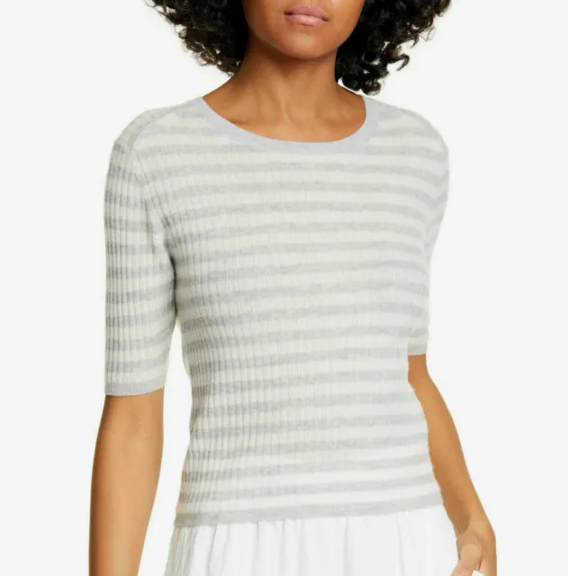 NWT $265 Vince Stripe Rib Knit Cashmere Crop Tee Shirt Size XS