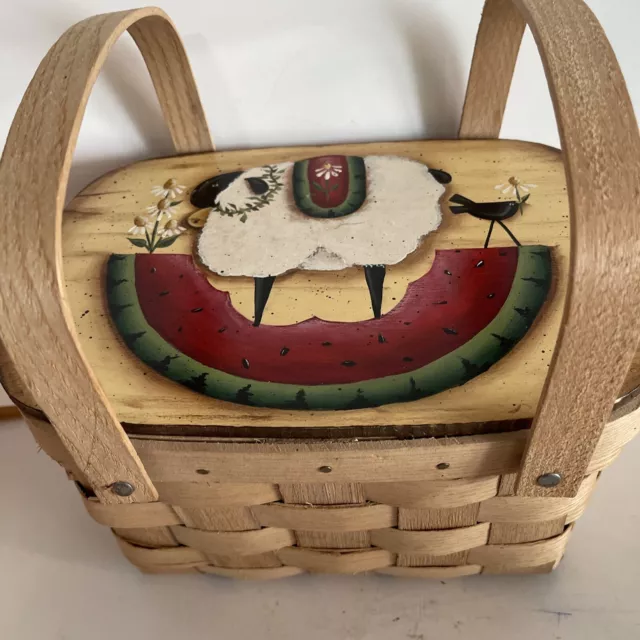 Vintage Folk Art Basketville Putney Vermont Handpainted Basket Sheep/Watermelon