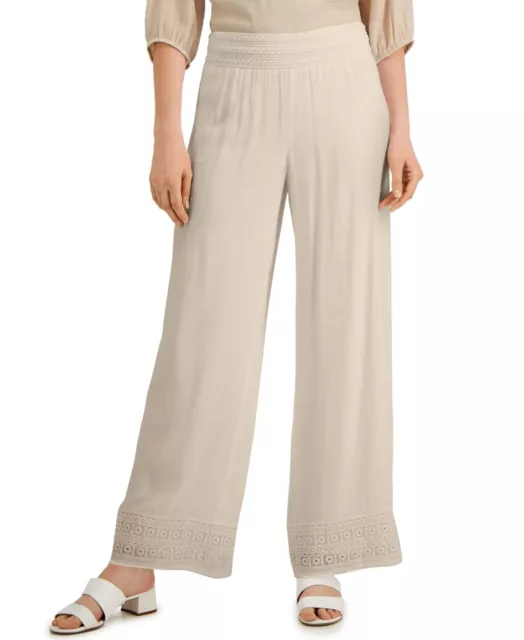 MSRP $60 Jm Collection Crochet-Trim Wide-Leg Pants Beige Size Small NWOT