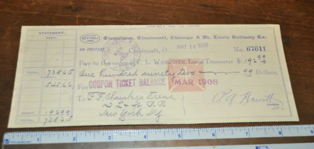 1908 Cleveland Cincinnati Chicago St Louis Railway Railroad Bank Check Big 4 NR!