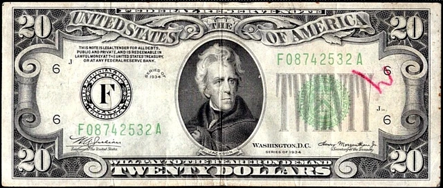 US Currency 1934 $20 Federal Reserve Note F Atlanta Green Seal FR 2054 F