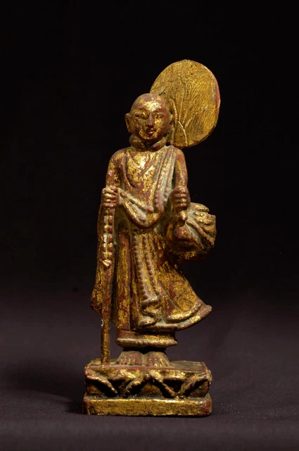 Vintage carved gilt wooden Monk statue, Shan period, Burma Myanmar