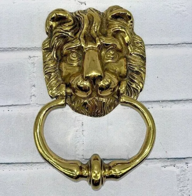Vintage Brass Lion Head Door Knocker Detailed Figural Heavy Lion Face Ornate