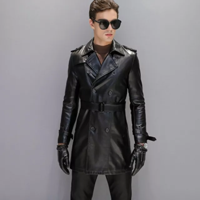 Mens Double Breasted Sheepskin Jacket Leather Coat Outwear Belted Motorcycle New