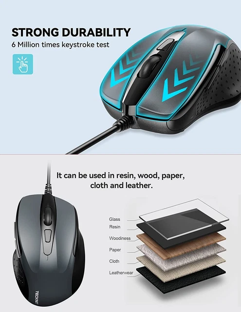 TECKNET USB Wired Mouse, 6-Button Corded Mouse with 2 Adjustable DPI, Grey 4