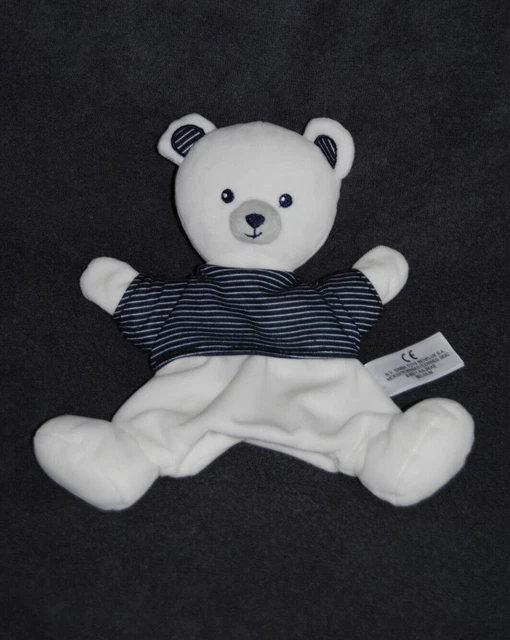 Doudou Marionnette Ours Blanc Haut Bleu Rayé SIMBA Toys Kiabi Nicotoy Peluche