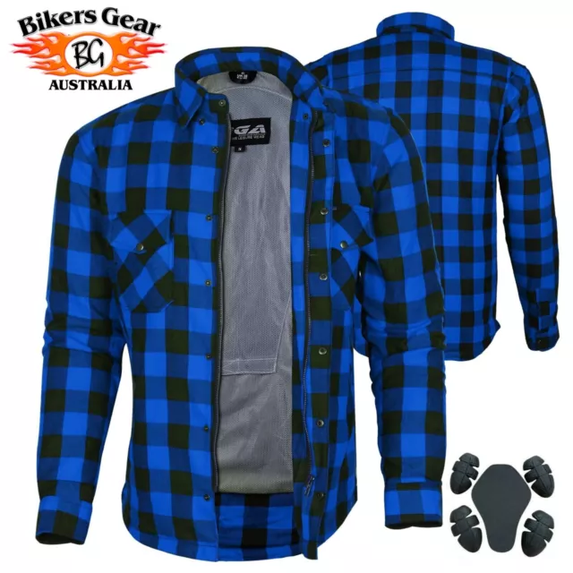 New Bikers Gear Motorcycle Kevlar® Lined Flannel Lumberjack Shirt Lined Blue Blk