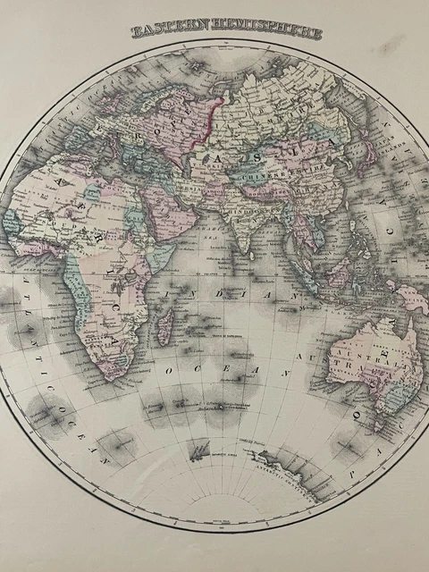 1870s OW Gray Hand Colored Atlas Map Eastern Hemisphere Europe Asia Africa