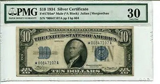 FR 1701m* STAR 1934 $10 Mule Silver Certificate 30 VERY FINE