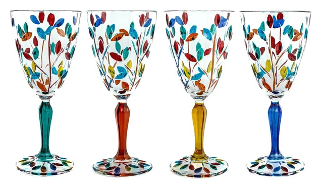 Conjunto De 4 Cuatro Cristal de Murano Vino Múltiple Tallo Pintado a Mano Altura