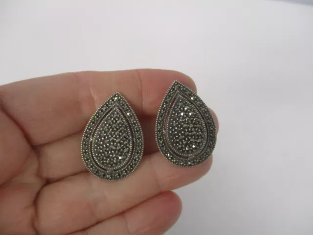 Vintage Signed Judith Jack Sterling Silver Marcasite Teardrop Clip On Earrings