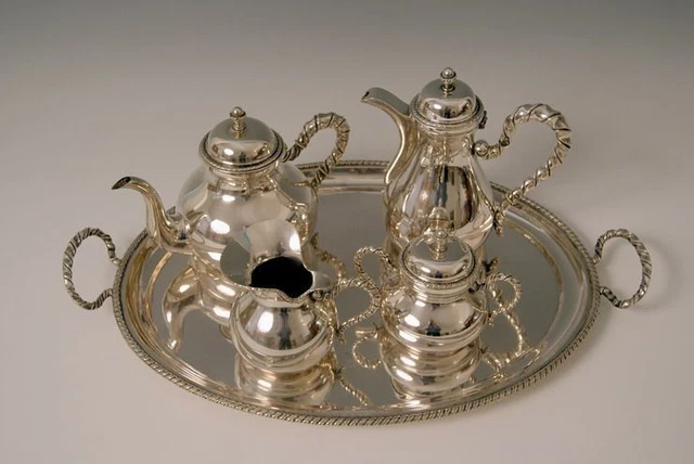 Argento Caffè Tè Set + Vassoio Silver 5 Pezzi Italia Circa 1900 3280 Grammi