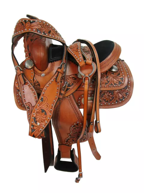 Youth Floral Tooled Leather Carved Kids Western Pony Miniature Saddle Painted