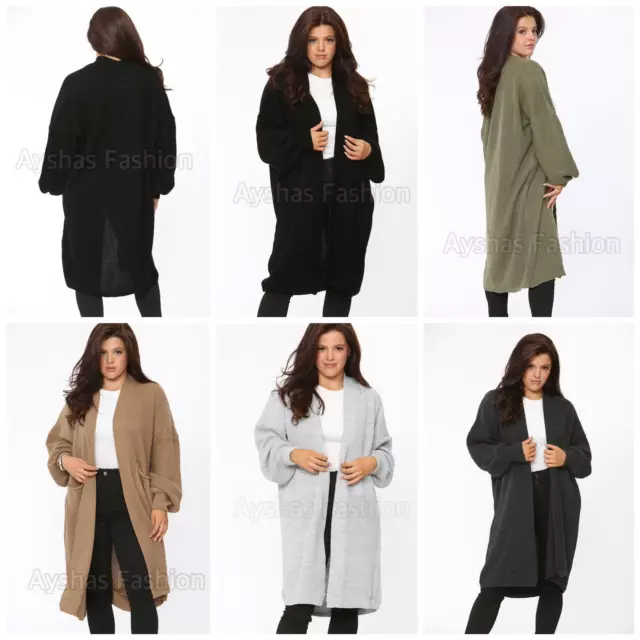 Women's Ladies Chunky Knitted Oversized Balloon Sleeve Long Jumper Maxi Cardigan