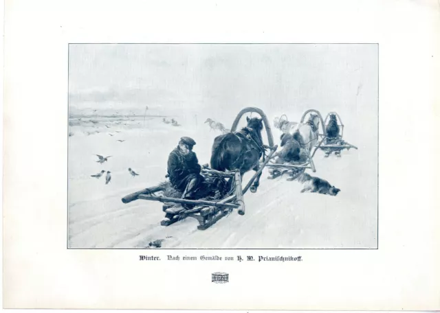 H. W. Primanischnikoff Winter Pferde- Schlitten- Motiv Histor. Kunstdruck v.1905