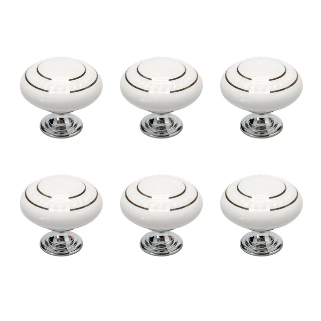 Céramique Vintage Bouton Tiroir Poignée Placard 6pc Cercle Argent Blanc