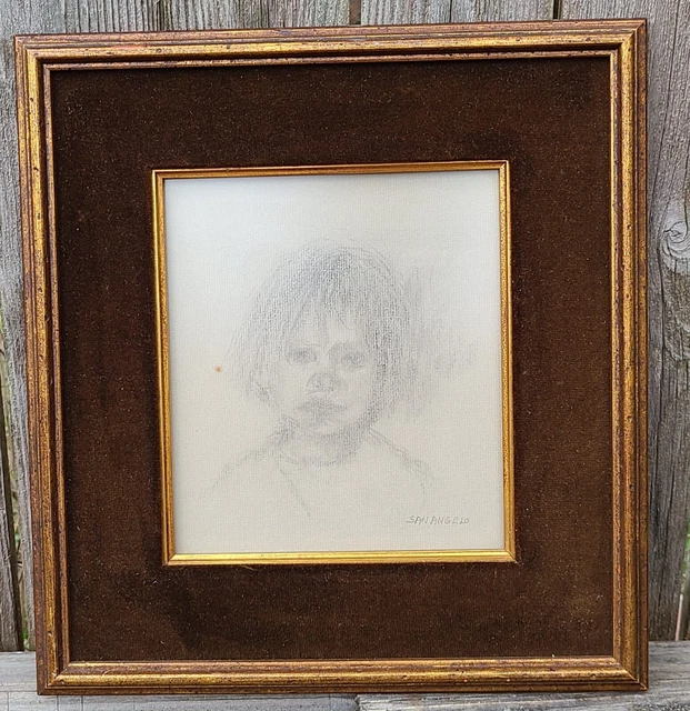VINTAGE PENCIL SKETCH Drawing of Child " SAN ANGELO" wood and velvet