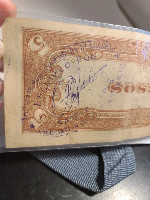 STAMPED - Japanese Government Five Pesos Paper Money WWII Era Phillipines