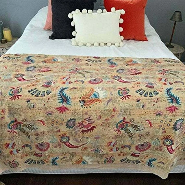 Edredón indio hecho a mano vintage Kantha manta de algodón Gudri doble