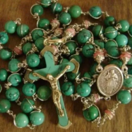 Old Turquoise & Rhodochrosite Bead Rosary Cross  Crucifix Catholic Necklace Box