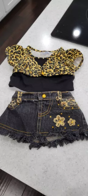 BAB BUILD-A-BEAR BLACK Leopard Top Denim Skirt Silk Flower Outfit ...