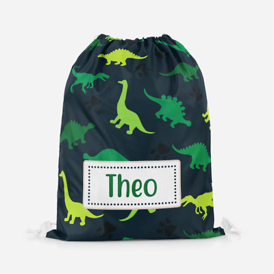 Personalised Green Dinosaur Boys Girls Kids PE Swimming School Drawstring Bag