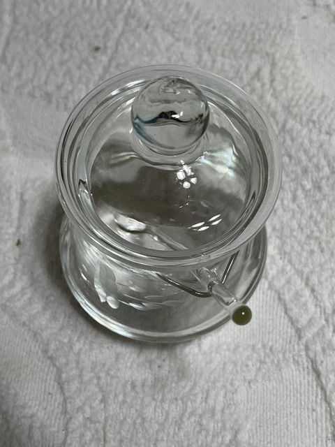 Crystal Condiment Jar with Cover & Spoon Mustard Jelly Jam Server etched design
