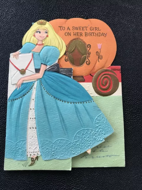 Vtg HALLMARK Birthday Greeting CINDERELLA Die Cut Greeting CARD w/Pumpkin Coach