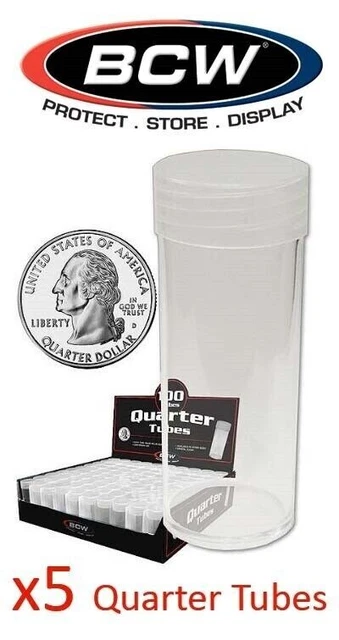5 BCW Quarter Coin Tubes 24mm Screw On Cap Clear Plastic Each Tube Hold 40 Coins