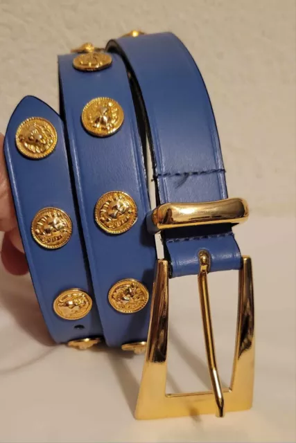 Vintage The Limited blue leather gold lion head studded belt S Italy