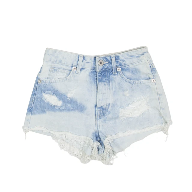 Pantaloncini denim BERSHKA effetto invecchiato orlo grezzo blu slim donna XXS W24