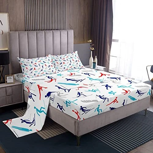 Skiing Sheet Set Queen Size Cartoon Ski Sports Themed Bedding Set 4pcs Cute