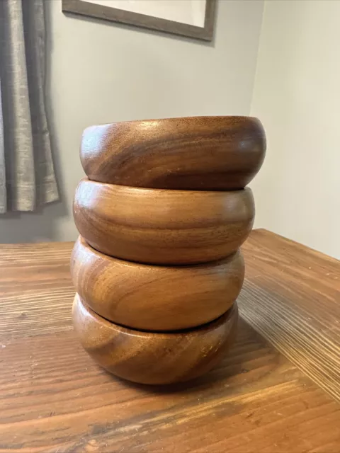 Set of 4 Vintage Monkey Pod Wood Small Bowls Trinket Dish Signed Rustic Snacks