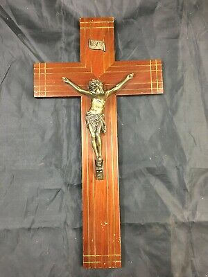 Antique French Metal wall jesus christ wood cross Crucifix devotion