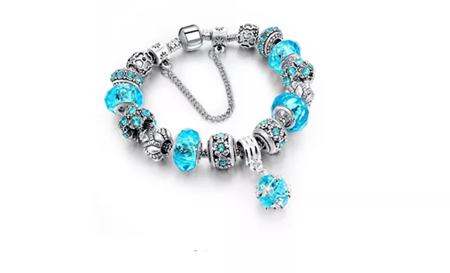 18K Gold Plated Light Blue Crystal CZ Charm Bracelet Made with Swarovski Element