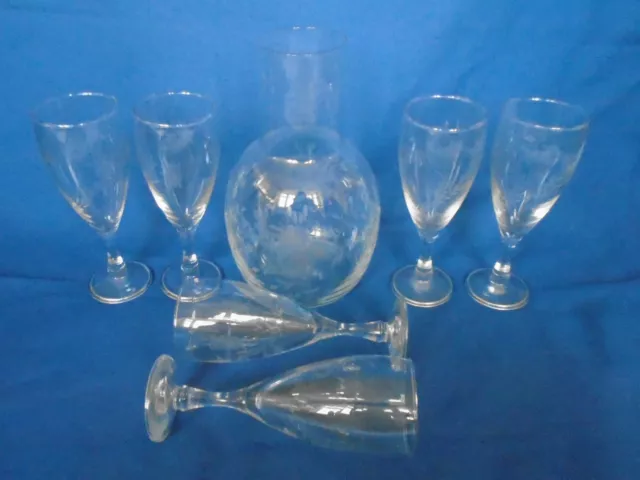 Glass Jug / Pitcher & 6 Wine Sherry Port Fine Glasses Leaf Design Not Matching