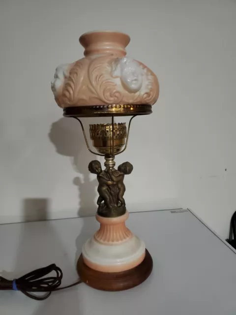 VTG VICTORIAN Brass cherub Pink Lamp Cherub Globe Lamp Glass