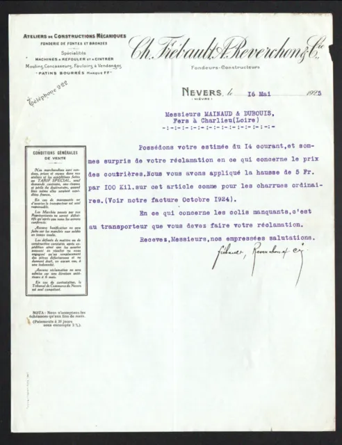NEVERS (58) USINE de FONDERIE / CONSTRUCTEUR "F. FREBAULT & REVERCHON" en 1925