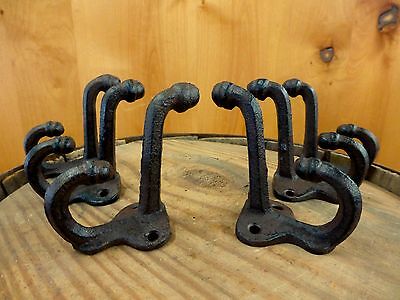 6 BROWN ANTIQUE-STYLE DOUBLE SCHOOL COAT HOOKS RUSTIC CAST IRON 3" wall hardware