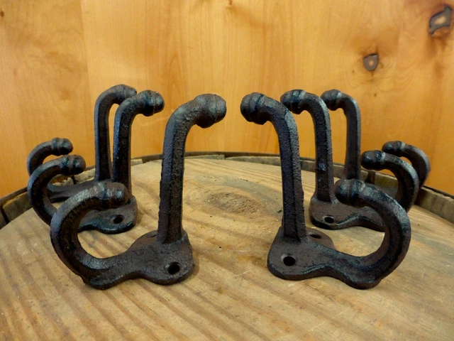 6 BROWN ANTIQUE-STYLE DOUBLE SCHOOL COAT HOOKS RUSTIC CAST IRON 3" wall hardware