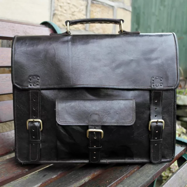 14" Real Leather Brown Handmade Vintage School Satchel Cross Body Messenger Bag