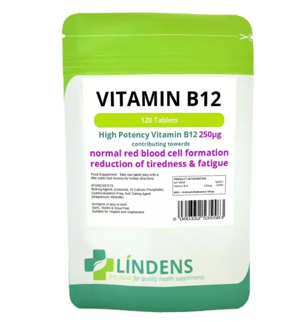 Lindens Vitamin B12 250mcg 100 Tablets High Potency 1-a-day Energy B 12 B-12