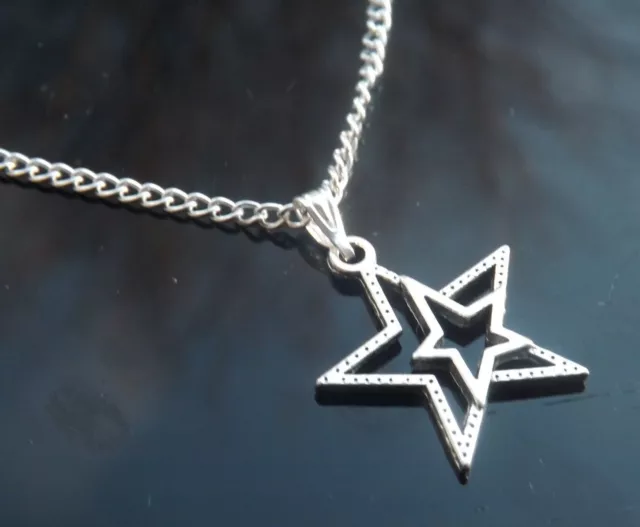 Double Star Pendant Necklace Handmade with Silver Plated Chain by Hudegate