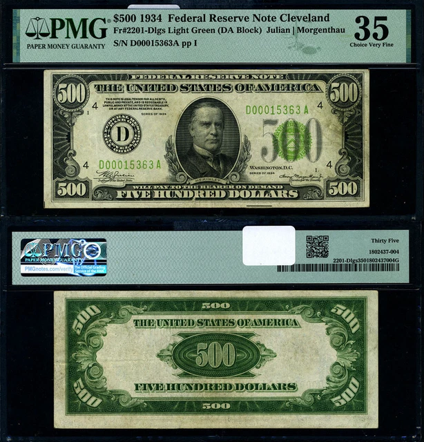 FR. 2201 D $500 1934 Federal Reserve Note Cleveland D-A Block LGS Choice PMG VF3