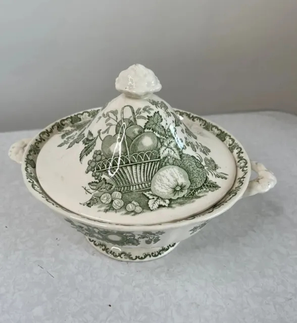 Masons fruit basket green covered tureen veg dish lid vintage English pottery