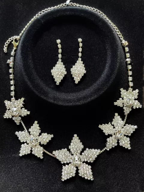 Set de Bijoux Collier Boucles D'Oreilles Marriage Strass Argent Fleur Fleurs