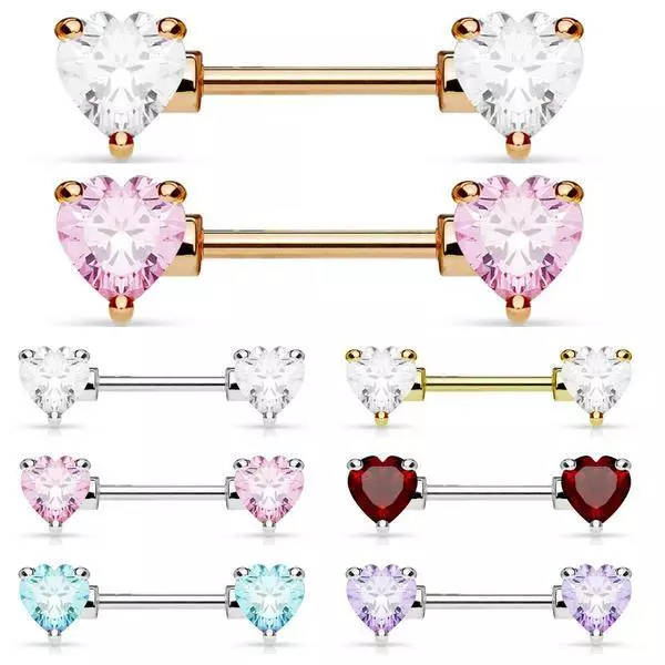 Nipple Bar Nipple Heart Barbell Crystal Gem Round Prong Setting Surgical Steel