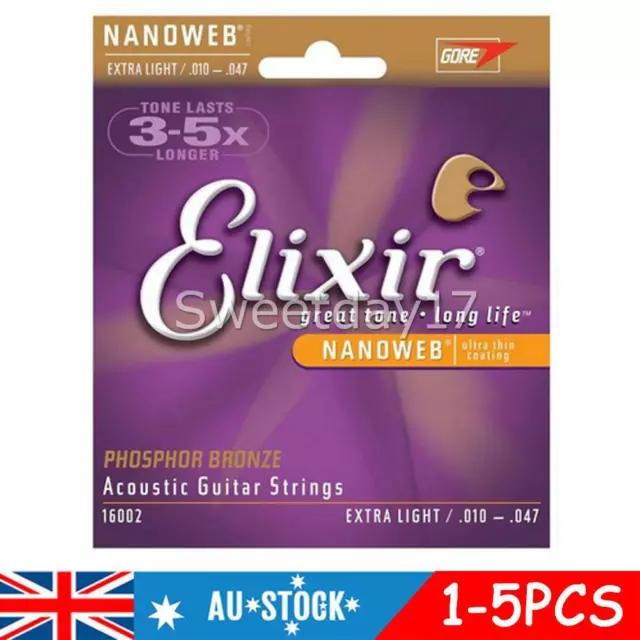 10-47 Elixir Acoustic Guitar Strings Nanoweb Phosphor Bronze Extra Light 16002 Y