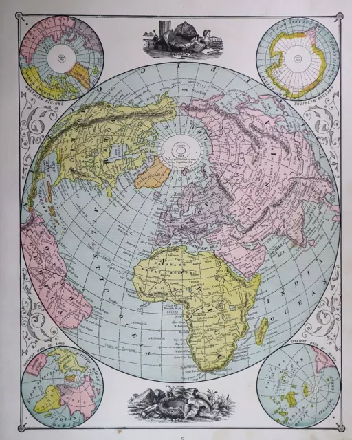 Old 1886 Cram's Atlas Map ~ LAND HEMISPHERE of the WORLD ~ (11x13) -#1290